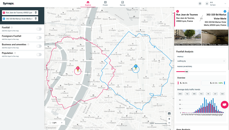 Isochrones and catchment area comparison - Symaps location intelligence platform